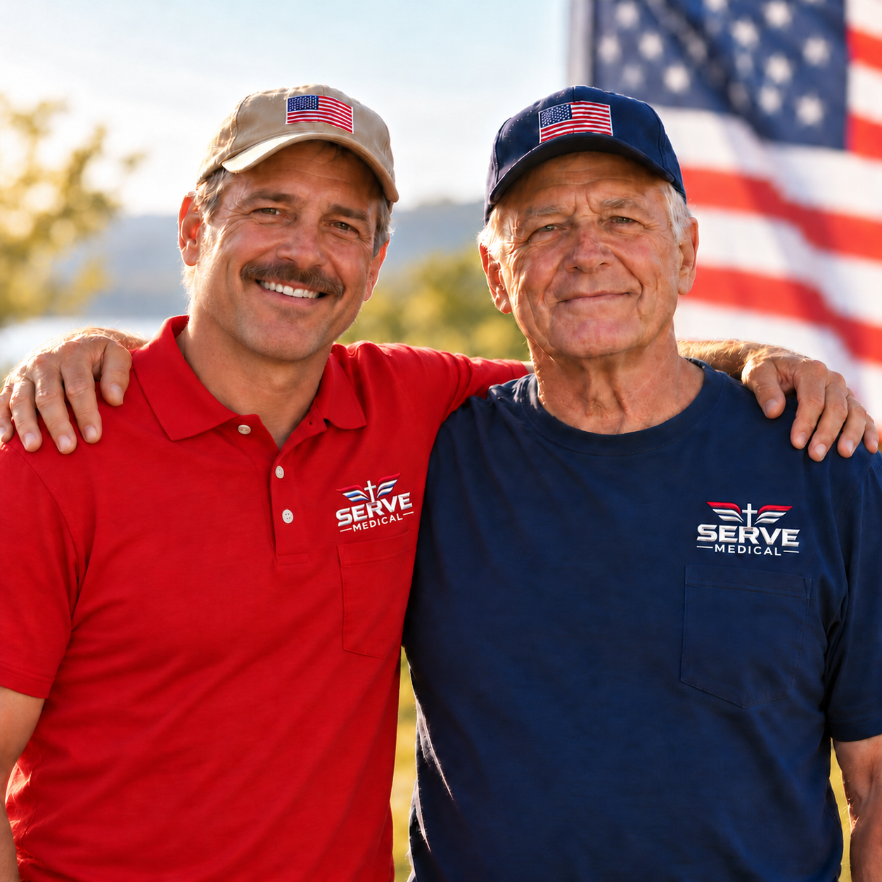Illustrative portrait of two veterans smiling with their arms around each other, wearing Serve Medical shirts and American flag hats.